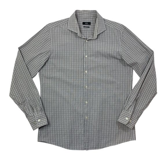 Hugo Boss Shirt Mens 16.5 Brown Navy Sharp Fit Plaid Long Sleeve Cotton Button - Picture 1 of 13